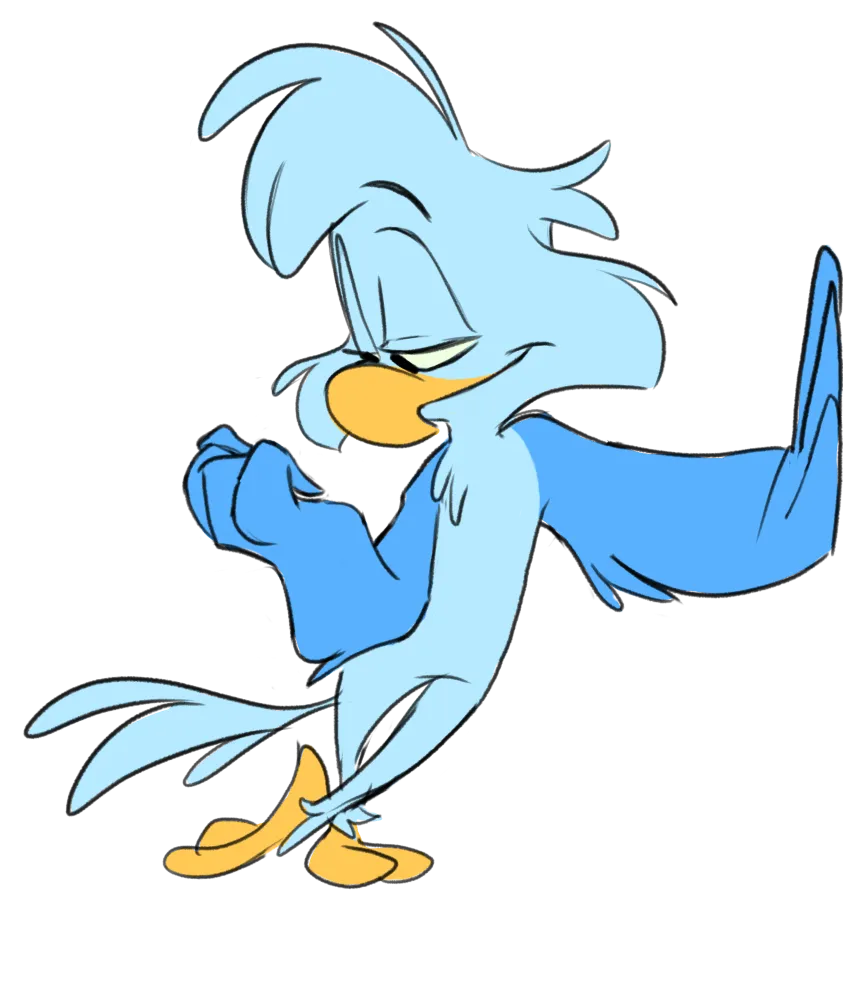 Illustration of a blue bird character standing with its wings raised