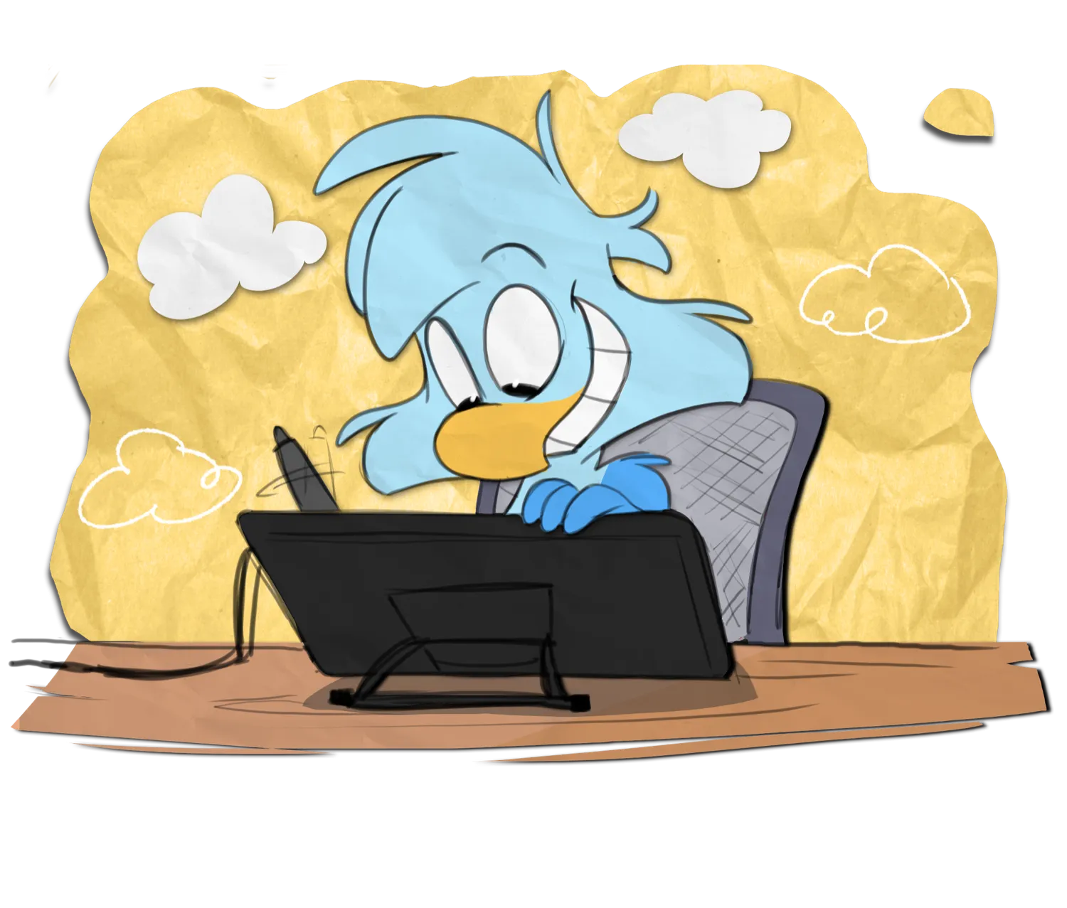 Illustration of a blue bird character animating at a drawing tablet